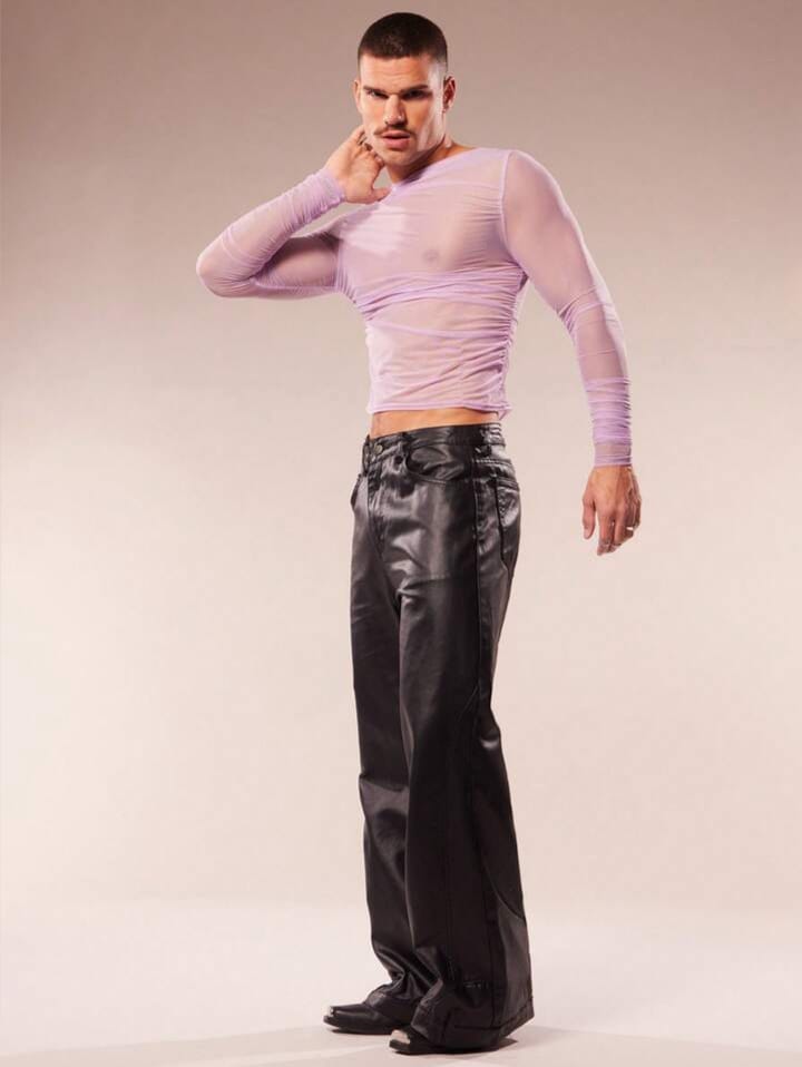 Men's Sheer Mesh V-Neck Slim Fit Cropped Tshirt